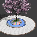 Tree Planter With Pink Flowering Tree Colorful Base Circular White Grid Pavement And Border