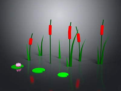 Red Cattails Green Lily Pads And Pink Lotus Flower Growing On Water Surface With Reflections 3d model