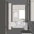 Modern Bathroom Interior With Marble Walls Vanity Mirror Bathtub And Storage Cabinets