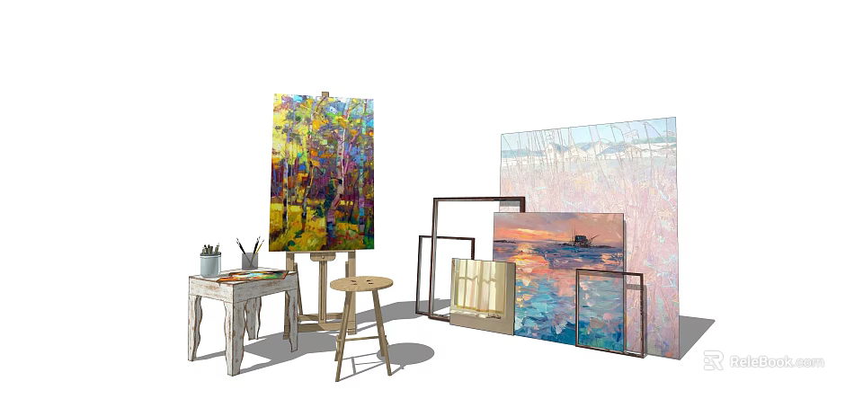 Creative Art Tools and Musical Instruments Display with Colorful Paintings and Frames 3d model