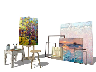 Creative Art Tools and Musical Instruments Display with Colorful Paintings and Frames 3d model