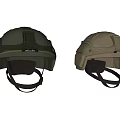 Two Tactical Protective Helmets in Green and Tan Colors with Straps