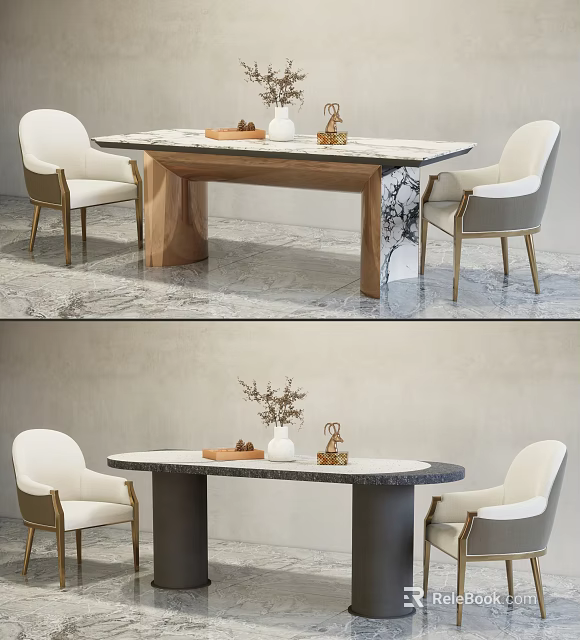 Elegant Modern Dining Table Set With Marble Tabletop White Upholstered Chairs And Decorative Accents 3d model 