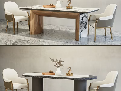 Elegant Modern Dining Table Set With Marble Tabletop White Upholstered Chairs And Decorative Accents 3d model