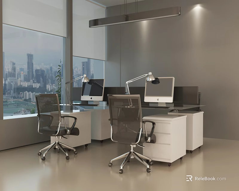 Modern Office Desks With Computer Monitors Lamps And Rolling Chairs By City View Windows 3d model 