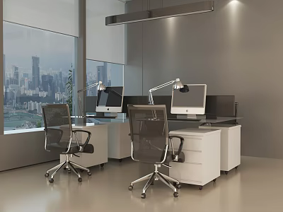 Modern Office Desks With Computer Monitors Lamps And Rolling Chairs By City View Windows 3d model