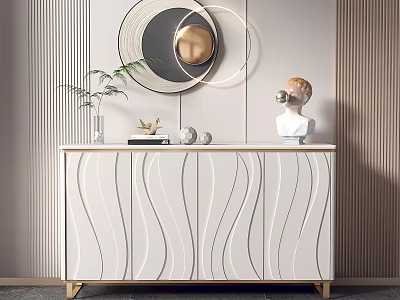 Modern White Console Table With Wavy Lines Green Plant Sculpture And Round Mirror 3d model
