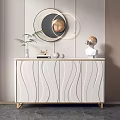 Modern White Console Table With Wavy Lines Green Plant Sculpture And Round Mirror