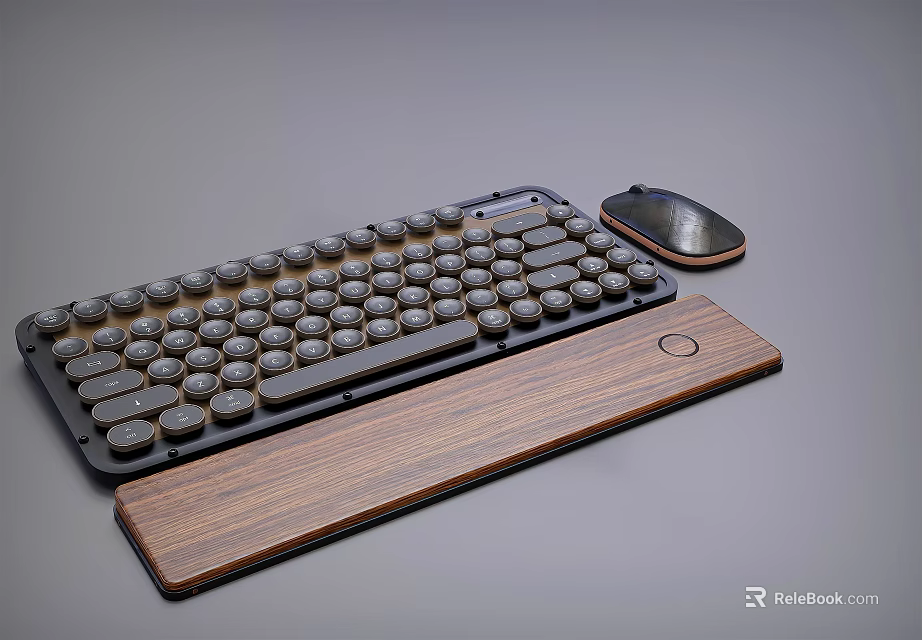 Vintage Mechanical Keyboard With Ergonomic Mouse And Wooden Wrist Rest 3d model 