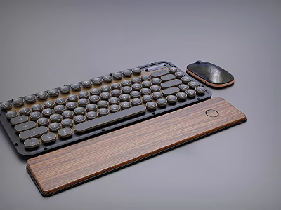 Vintage Mechanical Keyboard With Ergonomic Mouse And Wooden Wrist Rest 3d model