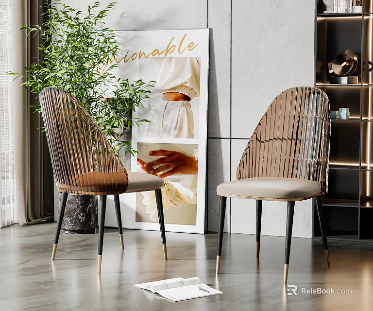 Stylish Modern Woven Dining Chairs With Beige Cushion And Black Metal Legs 3d model 