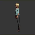 Blonde Female Character In Light Blue Top Dark Pants Red Boots With Brown Crossbody Bag