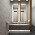 Modern Public Restroom With Double Sinks Gold Framed Mirrors And Gray Tile Walls