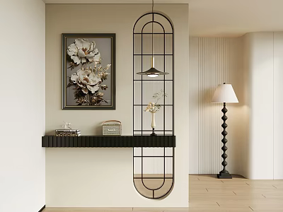 Modern Interior Design Featuring Glass Partition With Artwork And Table Lamp 3d model