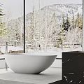 Spacious Contemporary Luxury Bathroom With Freestanding Bathtub Hanging Fireplace And Panoramic Snow Mountain View