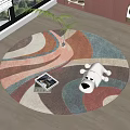 Colorful Abstract Pattern Round Area Rug on Wooden Floor with White Puppy Toy and Magazine