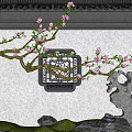 Traditional Chinese Garden Rockery Stone With Peach Blossom Branch White Wall And Moss