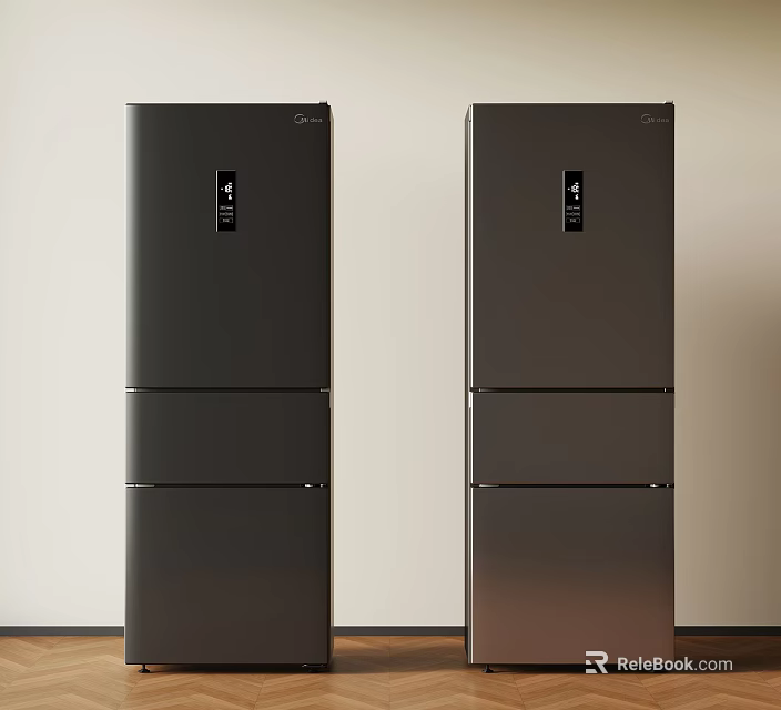 Two Silver Three Door Refrigerators Placed Side by Side Against White Wall With Wooden Floor 3d model 
