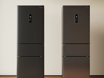Two Silver Three Door Refrigerators Placed Side by Side Against White Wall With Wooden Floor 3d model