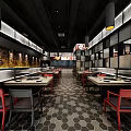 Modern Hotpot Restaurant Interior With Red Chairs Dining Tables And Decorative Wall Lighting