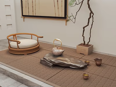 Traditional Tea Set With Teapot Teacups Bamboo Furniture Woven Mat And Stone 3d model