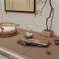 Traditional Tea Set With Teapot Teacups Bamboo Furniture Woven Mat And Stone