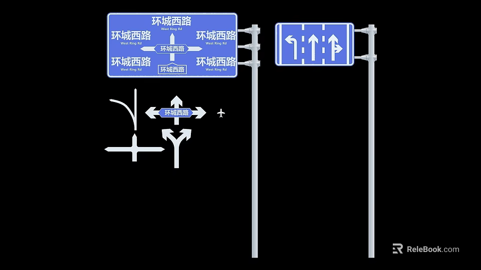 Blue Traffic Signs With Arrow Indicators Showing Ring Road Directions And Distance 3d model 