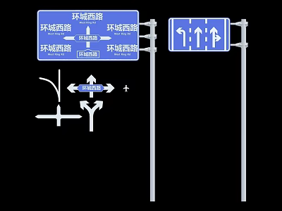 Blue Traffic Signs With Arrow Indicators Showing Ring Road Directions And Distance 3d model