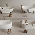 Various White Bathtubs With Brass Faucets Wooden Stools And Design Elements 3d model