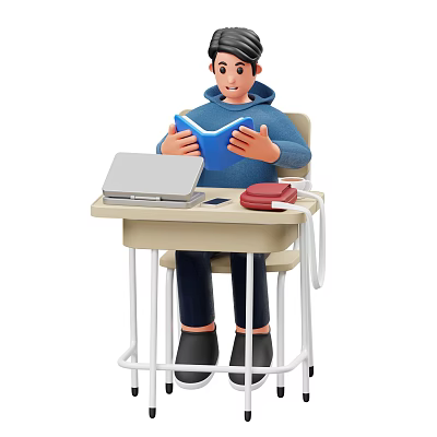 Man Reading Blue Book at Desk with Silver Laptop Red Phone and Mobile 3d model