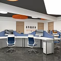Modern Office Interior With Cubicle Workstations Blue White Chairs Orange White Wall Decor And Windows