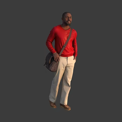 A Man Wearing Red Shirt Beige Pants And Carrying Brown Bag Against Gray Background 3d model