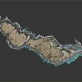 Detailed 3D Island Terrain Model With Blue Water Surroundings And Gray Background
