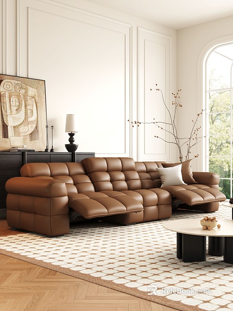 Luxurious Brown Leather Reclining Sofa and Round Coffee Table Set in Modern Living Room 3d model 
