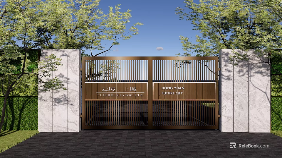 Modern Building Exterior With Metal Gate Vertical Slats White Stone Walls And Trees 3d model 