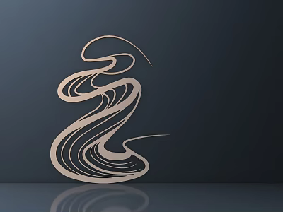 Light Colored Flowing Curved Shape Wall Decor On Dark Background With Reflective Effect 3d model