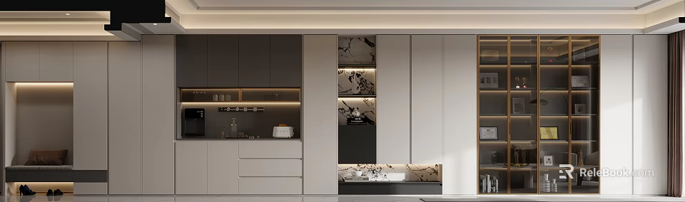 Modern Luxury Wine Cabinet Design With Marble Elements And Soft Lighting In Open Kitchen 3d model 
