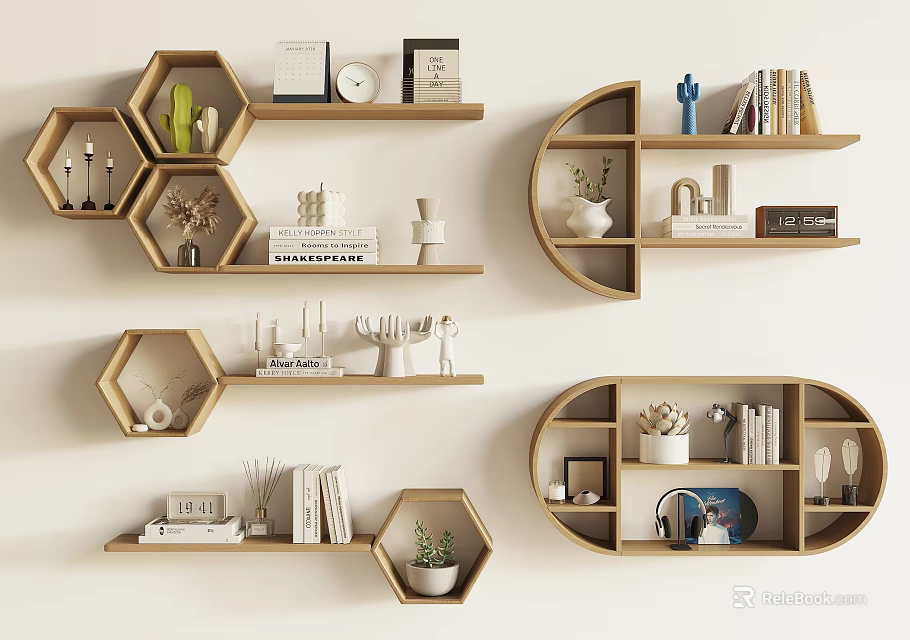 Modern Wooden Wall Shelves With Hexagonal And Curved Shapes Showcasing Books Decorations Plants And Frames 3d model 