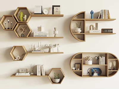 Modern Wooden Wall Shelves With Hexagonal And Curved Shapes Showcasing Books Decorations Plants And Frames 3d model