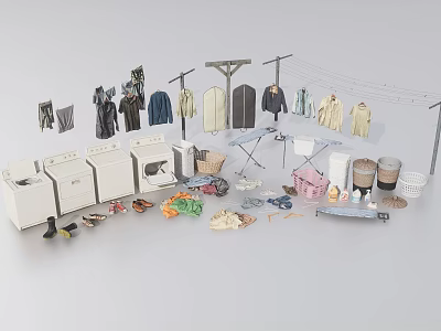 Laundry Room Essentials Including Washing Machines Clotheslines And Baskets With Iron And Clothes 3d model