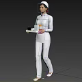 Woman Nurse in White Uniform Holding Tray with Medicine Bottles and Boxes