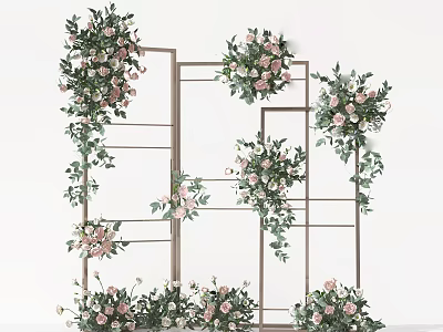 Fresh Pink Floral Decor With Green Leaves On Metal Frame Wedding Backdrop 3d model