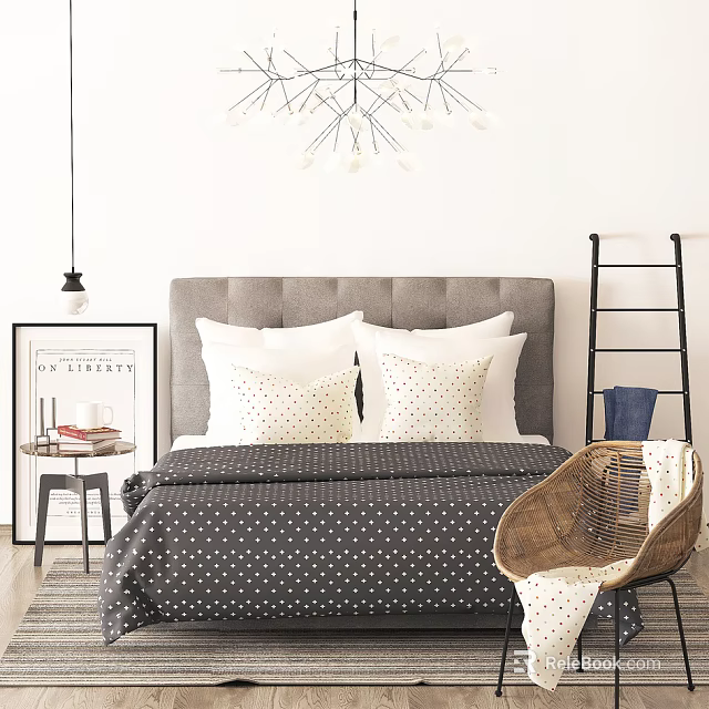 Double Bed With Gray Headboard White Pillows Polka Dot Bedspread Side Table And Wicker Chair 3d model 