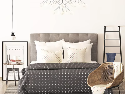 Double Bed With Gray Headboard White Pillows Polka Dot Bedspread Side Table And Wicker Chair 3d model