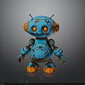 Blue Robot Character With Orange Ears Yellow Eyes And Rusty Details