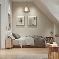 Cozy Attic Bedroom With Sloped Ceiling Pendant Light Wooden Floor And Framed Art
