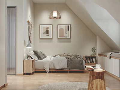 Cozy Attic Bedroom With Sloped Ceiling Pendant Light Wooden Floor And Framed Art 3d model