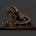 Mythical Dragon Statue On Stone Base With Candle Holders And Decorative Blocks