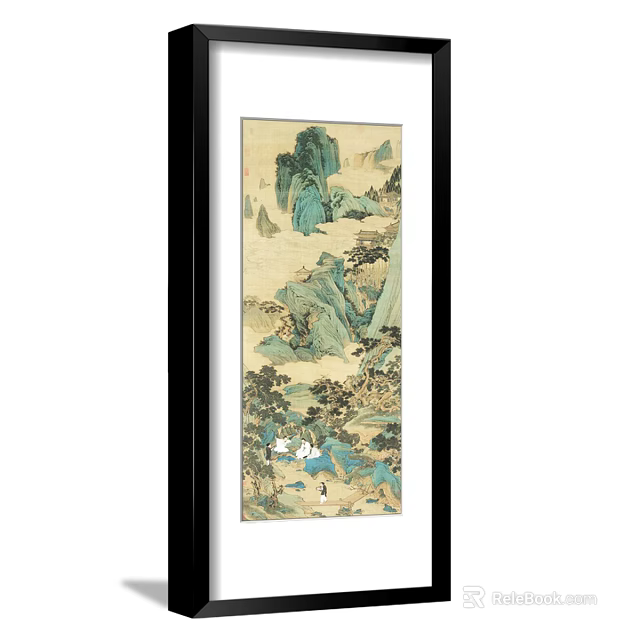 Traditional Chinese Landscape Painting With Green Mountains Rocks Trees And Small Figure 3d model 