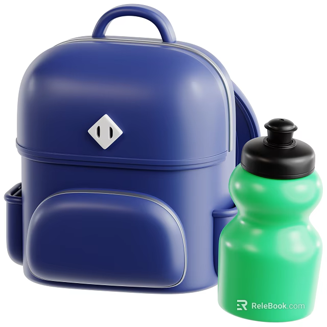 Blue Backpack With Modern Design Diamond Logo And Green Water Bottle For Daily Use 3d model 